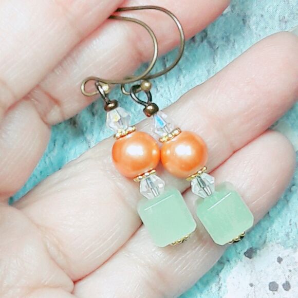 artisan earrings 457#mfs NEW boho hatpin victorian antique bronze mint peach dan - Picture 5 of 6